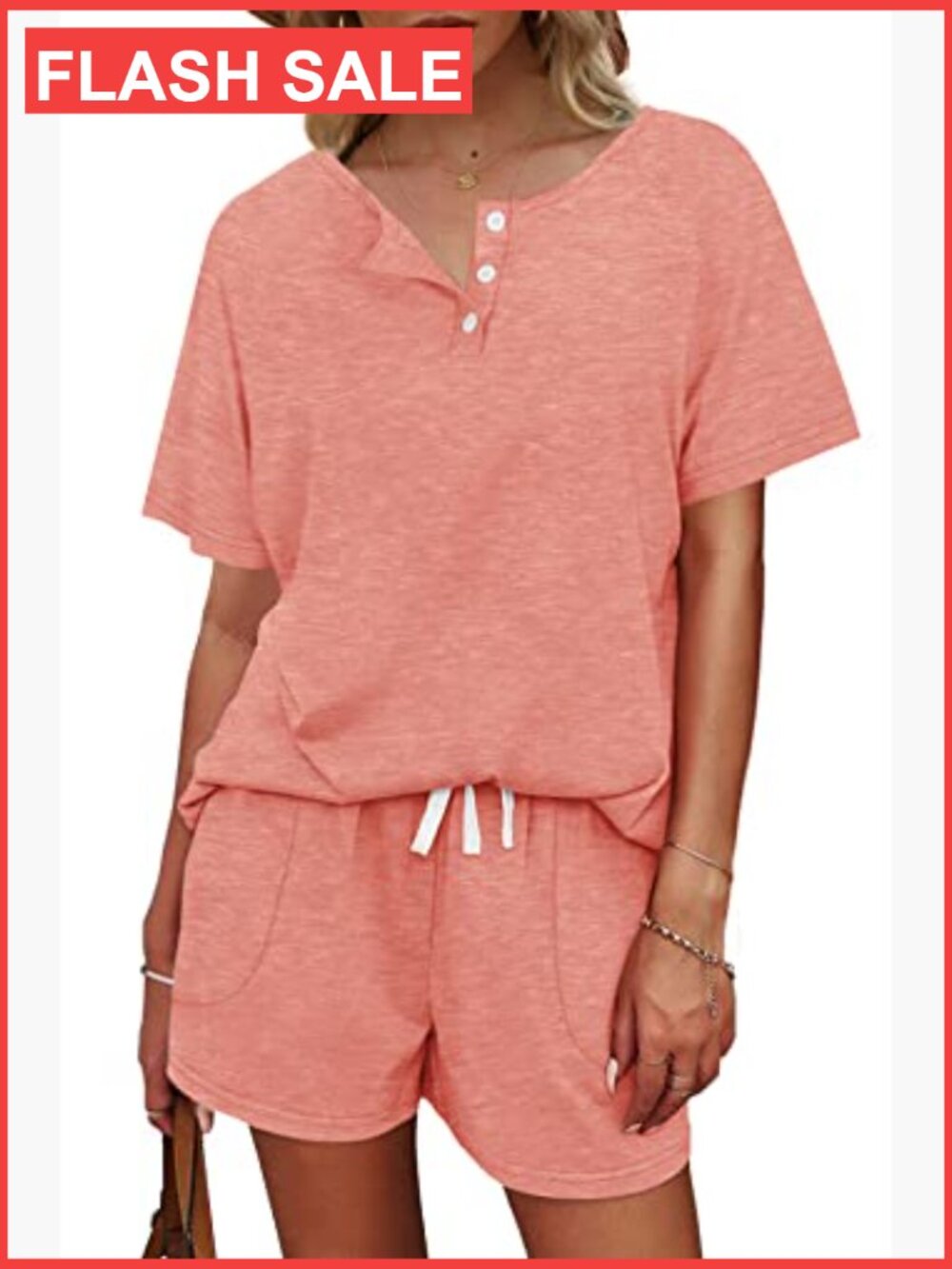 Medium 2-Piece Lounge Set with Pockets, Button-Down Top & Drawstring Shorts - Picture 3 of 7